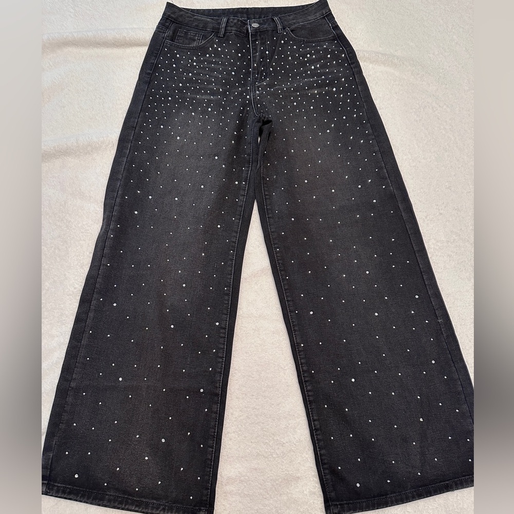 SHEIN Black Wide Leg Jeans with White Dots